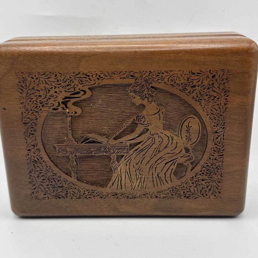 Vintage Jewelry Trinket Carved Walnut Victorian Lady & Piano Storage Wood Box